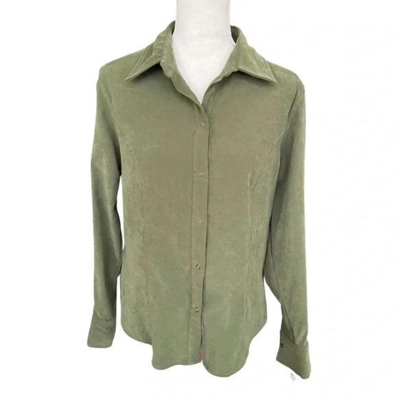 Joanna Sage Green Stretch Button Down Shirt | Soft Knit Collared Long Sleeve Top - Picture 2 of 10
